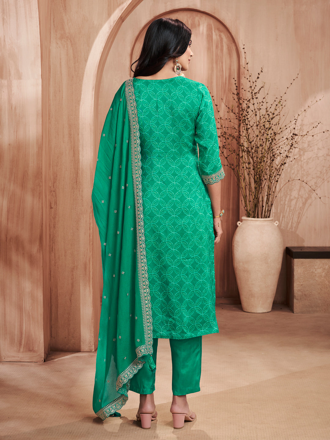 Green Print With Embroidery Straight Kurta With Trousers And Embroidery Dupatta