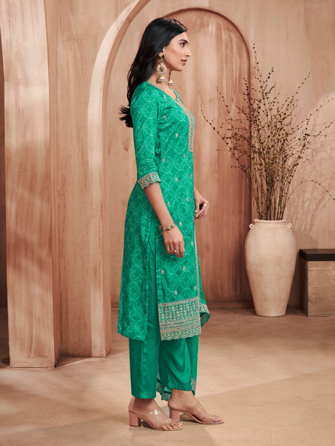 Green Print With Embroidery Straight Kurta With Trousers And Embroidery Dupatta