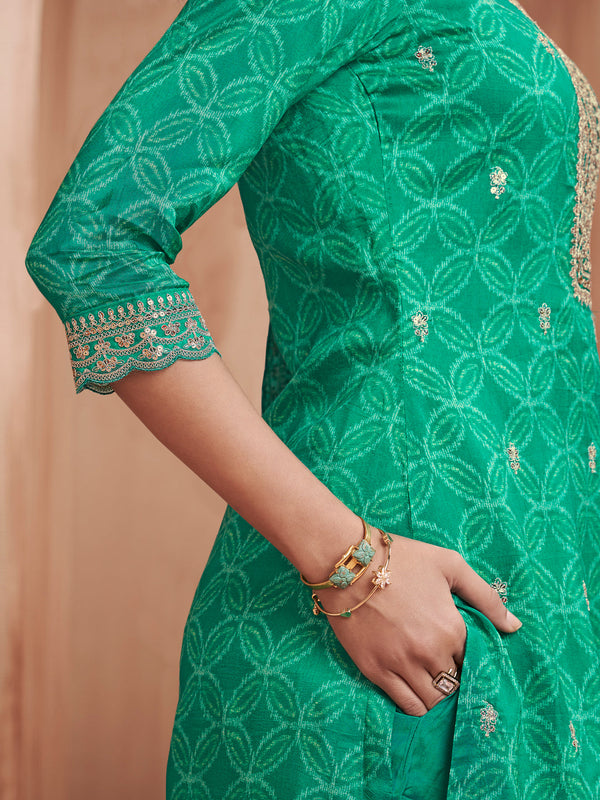 Green Print With Embroidery Straight Kurta With Trousers And Embroidery Dupatta