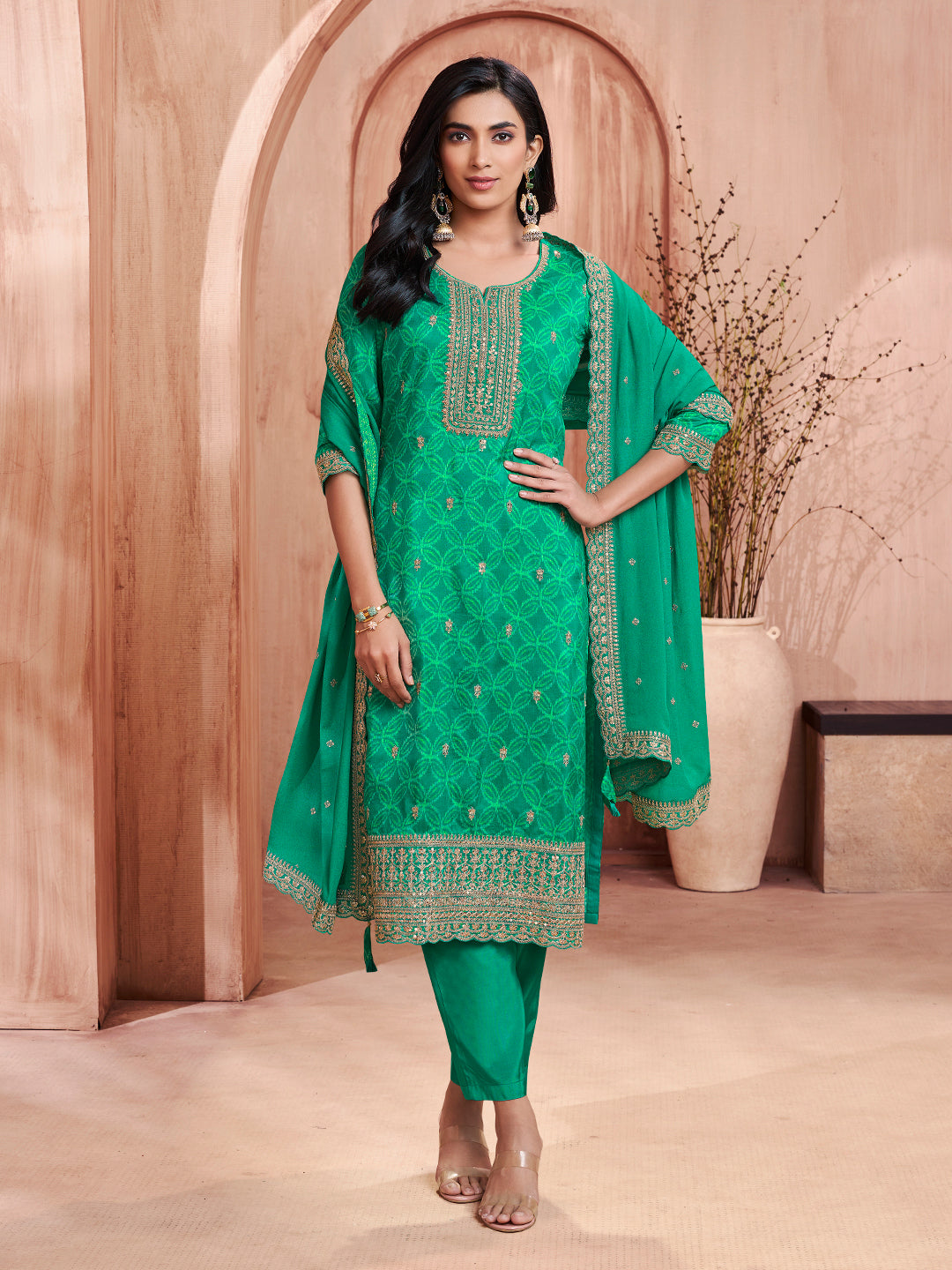 Green Print With Embroidery Straight Kurta With Trousers And Embroidery Dupatta