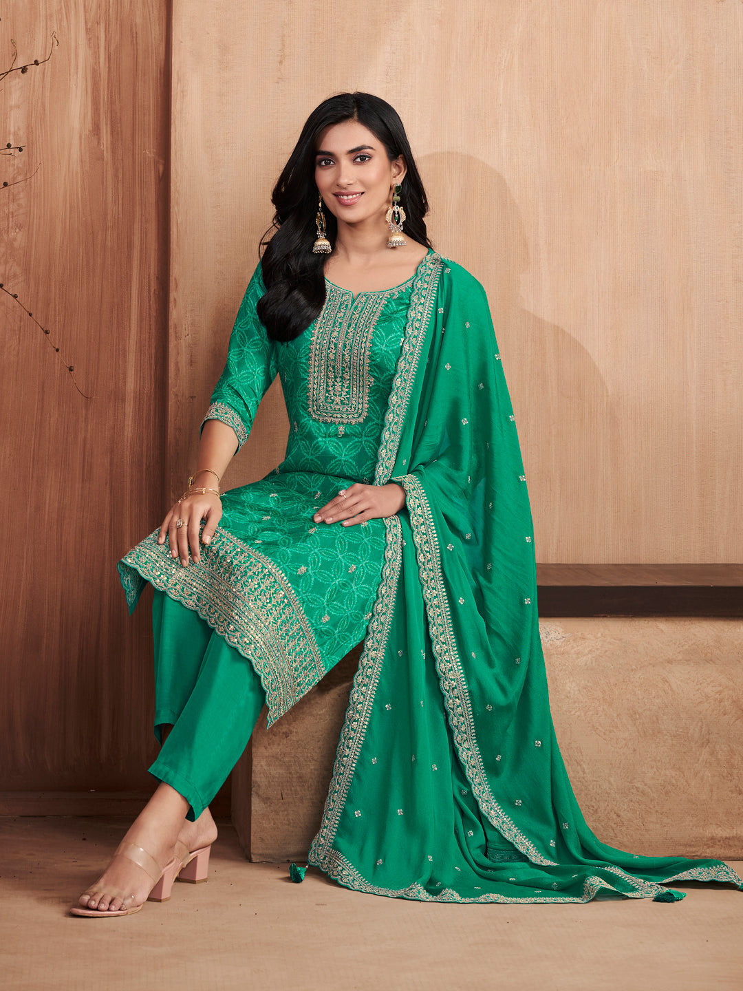 Green Print With Embroidery Straight Kurta With Trousers And Embroidery Dupatta