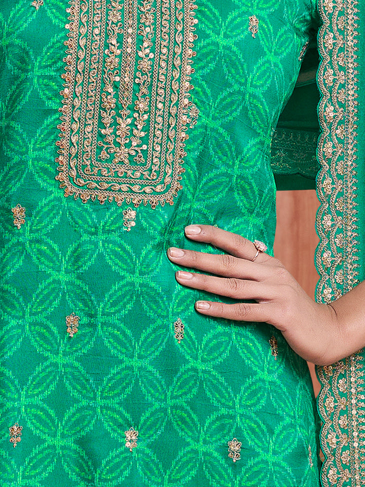 Green Print With Embroidery Straight Kurta With Trousers And Embroidery Dupatta