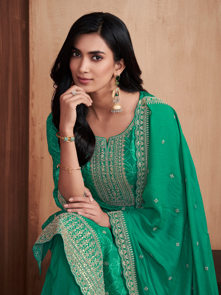 Green Print With Embroidery Straight Kurta With Trousers And Embroidery Dupatta