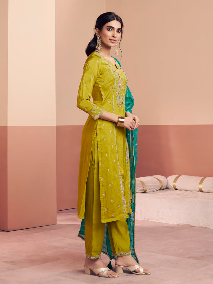 Mustard Embroidery Straight Kurta With Dyed Trousers And Jacquard Dupatta
