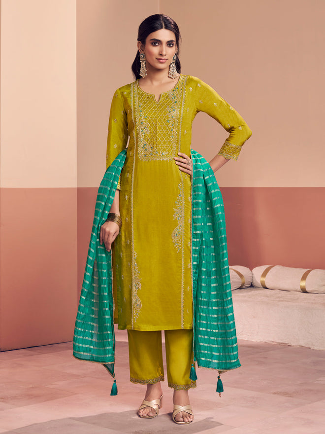 Mustard Embroidery Straight Kurta With Dyed Trousers And Jacquard Dupatta