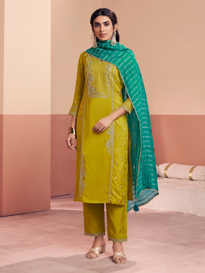 Mustard Embroidery Straight Kurta With Dyed Trousers And Jacquard Dupatta