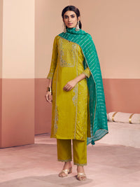 Mustard Embroidery Straight Kurta With Dyed Trousers And Jacquard Dupatta