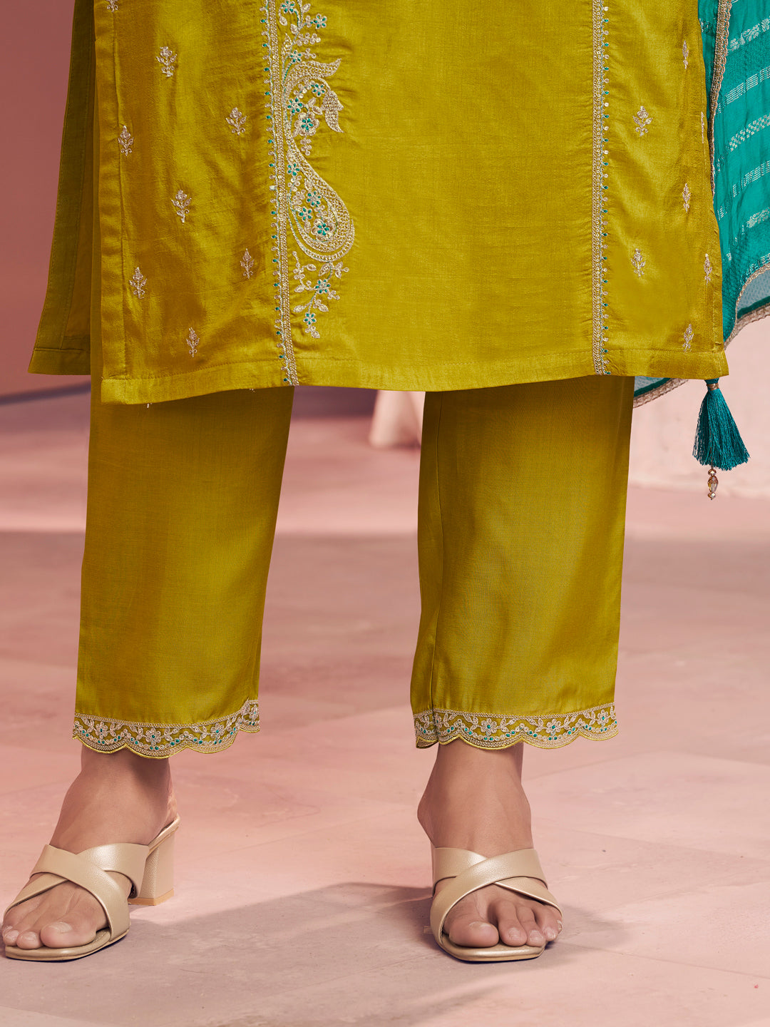 Mustard Embroidery Straight Kurta With Dyed Trousers And Jacquard Dupatta