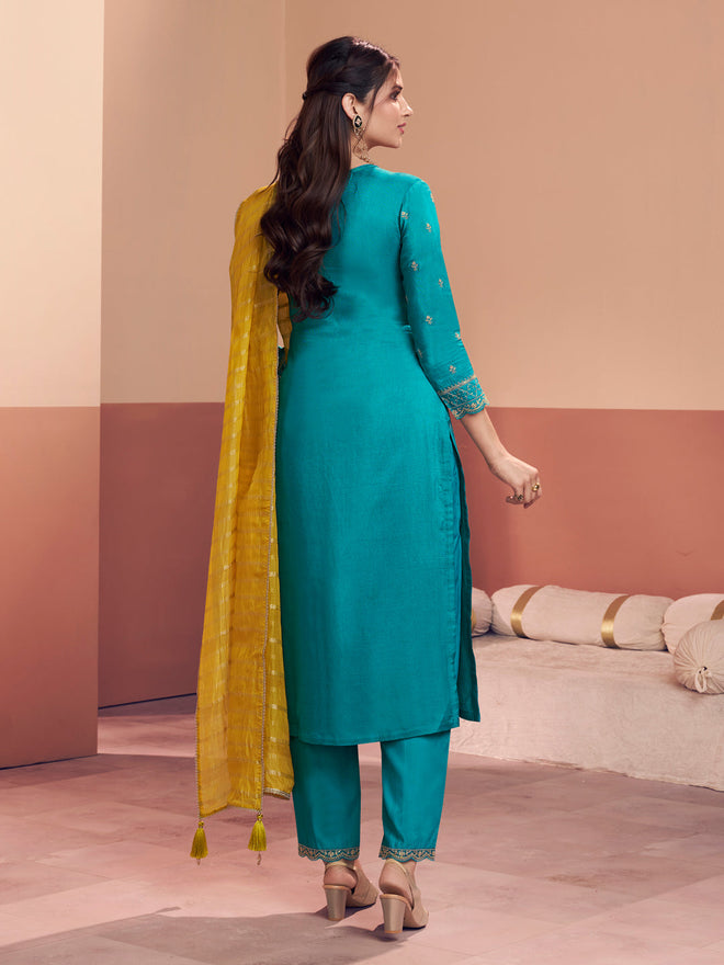 Teal Embroidery Straight Kurta With Dyed Trousers And Yellow Jacquard Dupatta