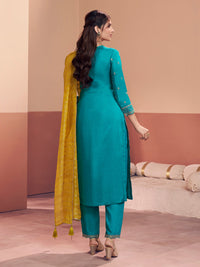 Teal Embroidery Straight Kurta With Dyed Trousers And Yellow Jacquard Dupatta