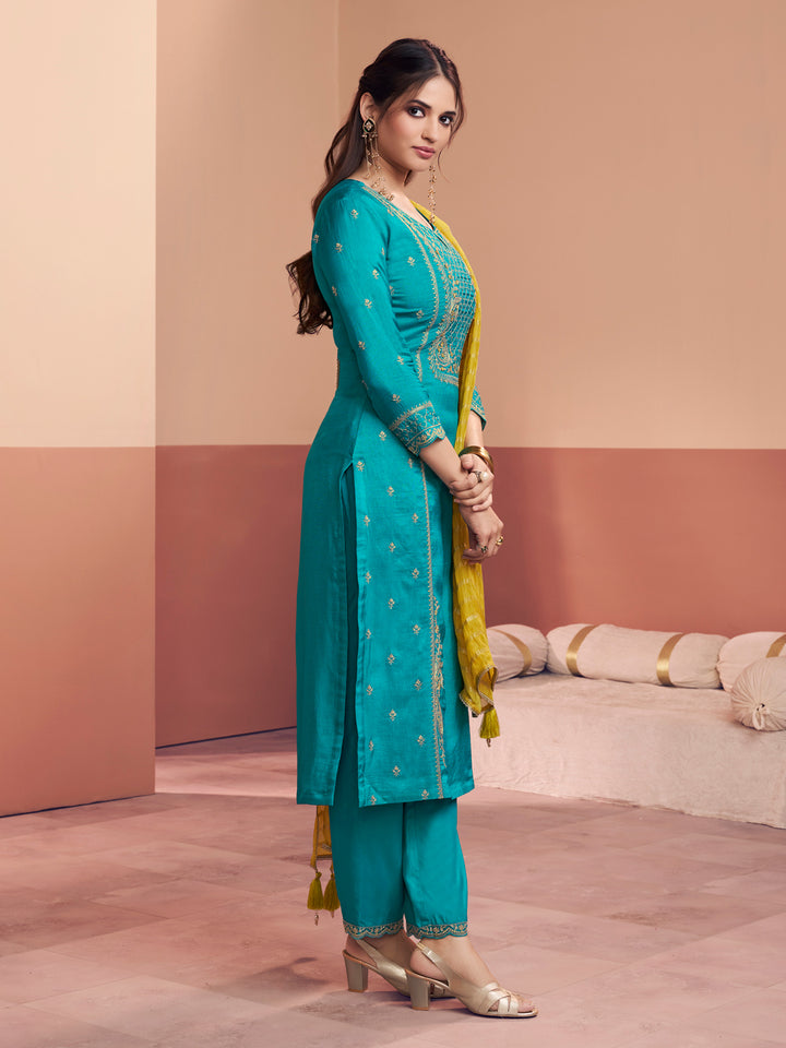 Teal Embroidery Straight Kurta With Dyed Trousers And Jacquard Dupatta