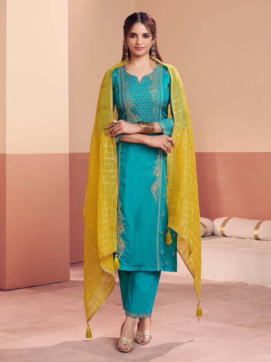 Teal Embroidery Straight Kurta With Dyed Trousers And Jacquard Dupatta
