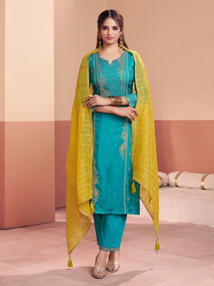Teal Embroidery Straight Kurta With Dyed Trousers And Jacquard Dupatta