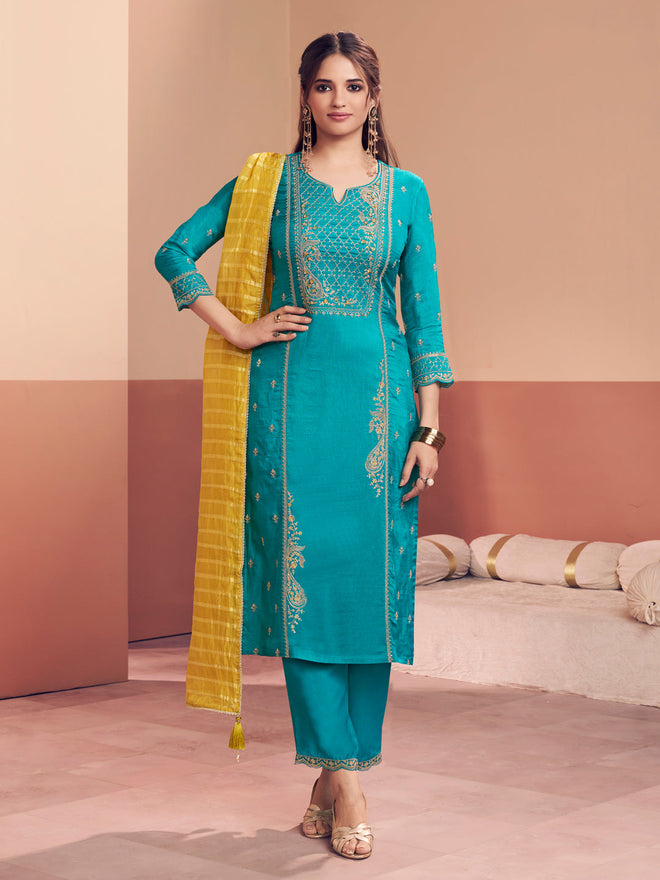 Teal Embroidery Straight Kurta With Dyed Trousers And Yellow Jacquard Dupatta