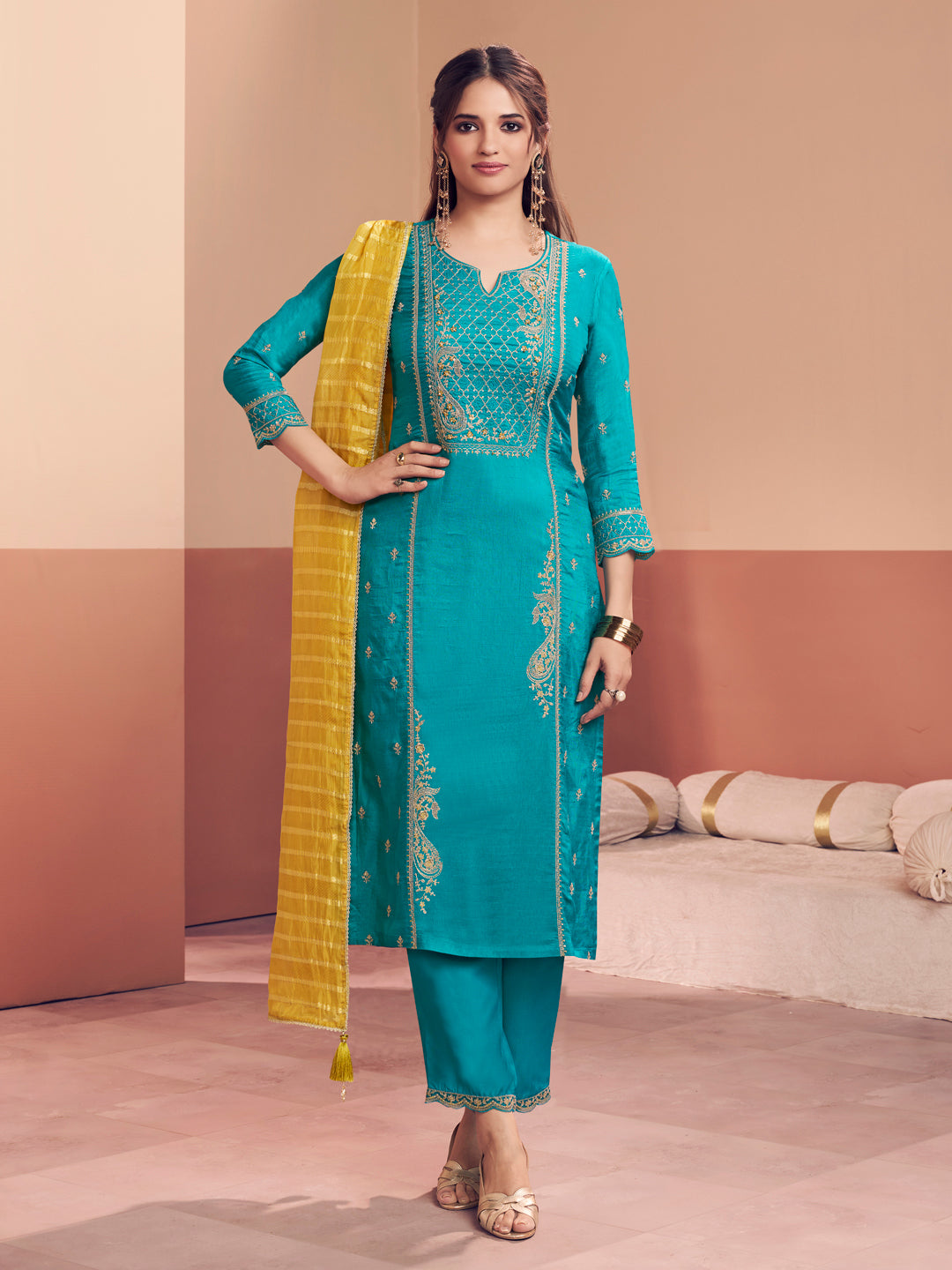 Teal Embroidery Straight Kurta With Dyed Trousers And Jacquard Dupatta
