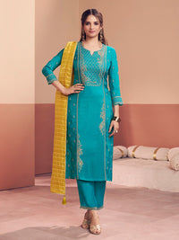 Teal Embroidery Straight Kurta With Dyed Trousers And Yellow Jacquard Dupatta