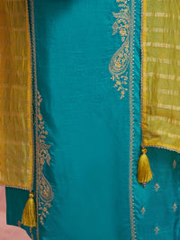 Teal Embroidery Straight Kurta With Dyed Trousers And Yellow Jacquard Dupatta