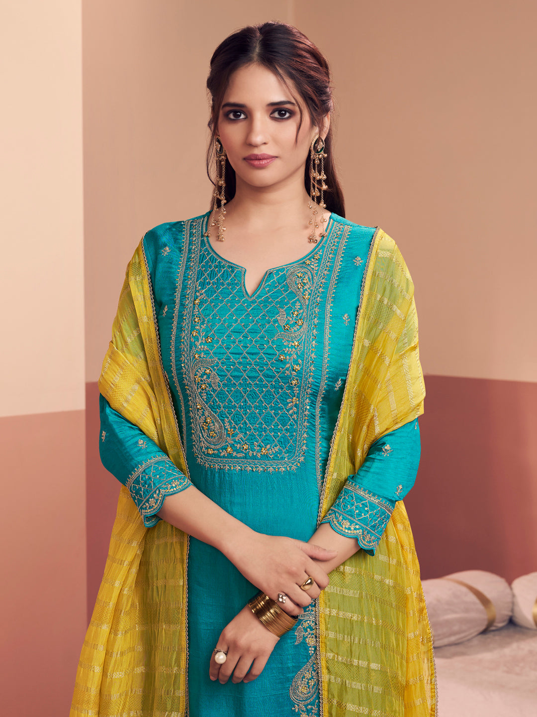 Teal Embroidery Straight Kurta With Dyed Trousers And Yellow Jacquard Dupatta