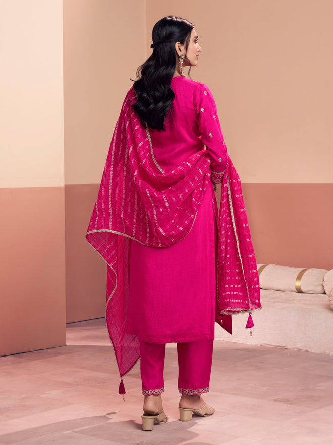 Pink Embroidery With Mina Straight Kurta And Dyed Trousers With Jacquard Dupatta