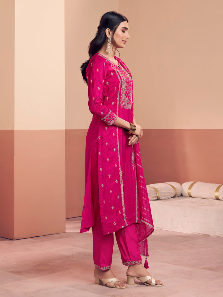 Pink Embroidery Straight Kurta With Dyed Trousers And Jacquard Dupatta