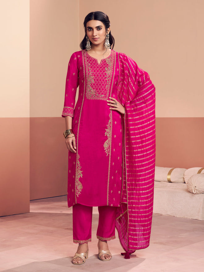 Pink Embroidery With Mina Straight Kurta And Dyed Trousers With Jacquard Dupatta
