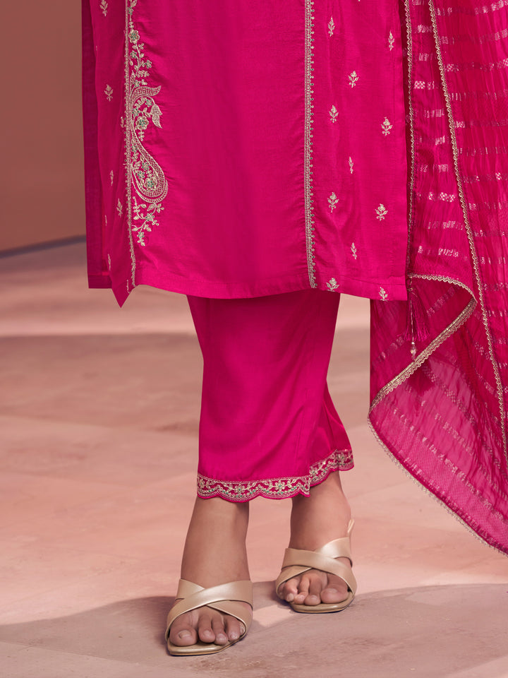 Pink Embroidery Straight Kurta With Dyed Trousers And Jacquard Dupatta