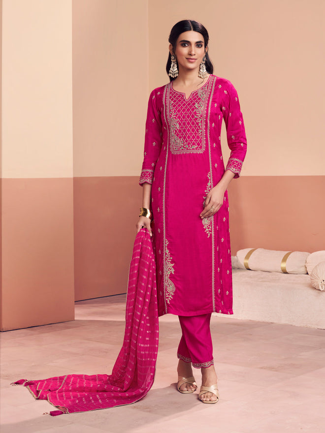Pink Embroidery With Mina Straight Kurta And Dyed Trousers With Jacquard Dupatta