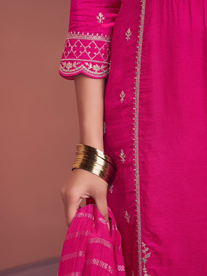 Pink Embroidery With Mina Straight Kurta And Dyed Trousers With Jacquard Dupatta