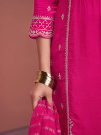 Pink Embroidery With Mina Straight Kurta And Dyed Trousers With Jacquard Dupatta