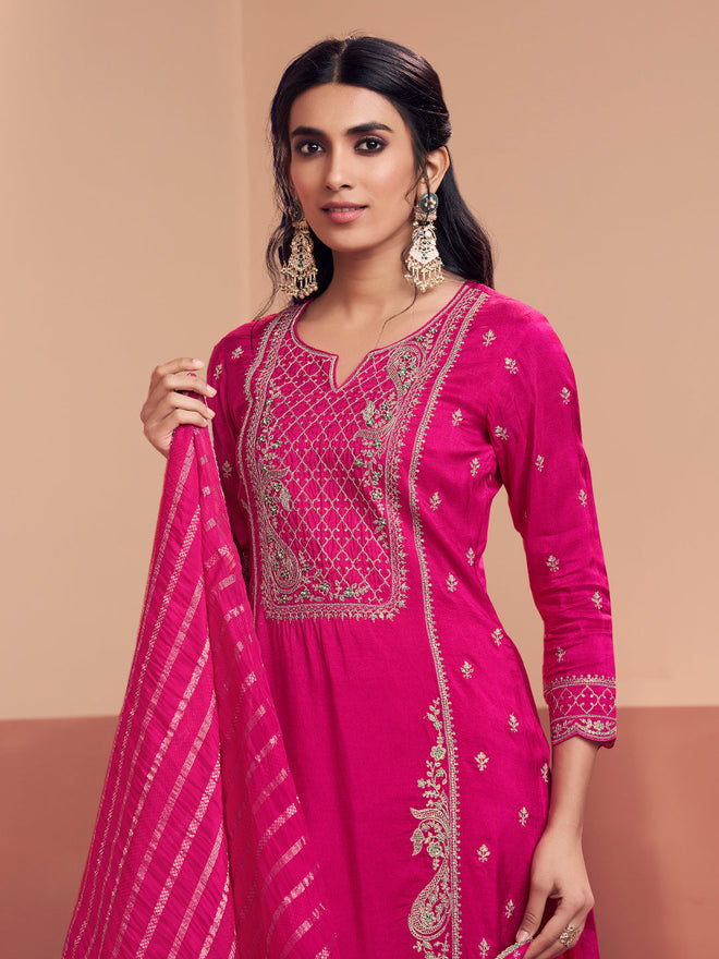 Pink Embroidery With Mina Straight Kurta And Dyed Trousers With Jacquard Dupatta