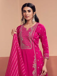 Pink Embroidery With Mina Straight Kurta And Dyed Trousers With Jacquard Dupatta