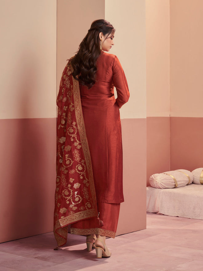 Rust Embroidered A-Line Kurta Set with Palazzo and Jacquard Dupatta