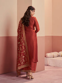 Rust Embroidered A-Line Kurta Set with Palazzo and Jacquard Dupatta