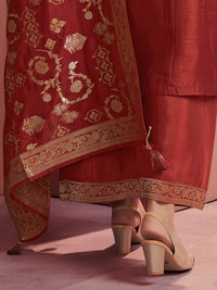 Rust Embroidered A-Line Kurta Set with Palazzo and Jacquard Dupatta