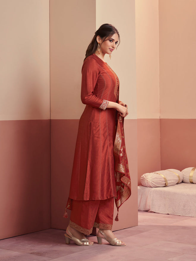 Rust Embroidered A-Line Kurta Set with Palazzo and Jacquard Dupatta