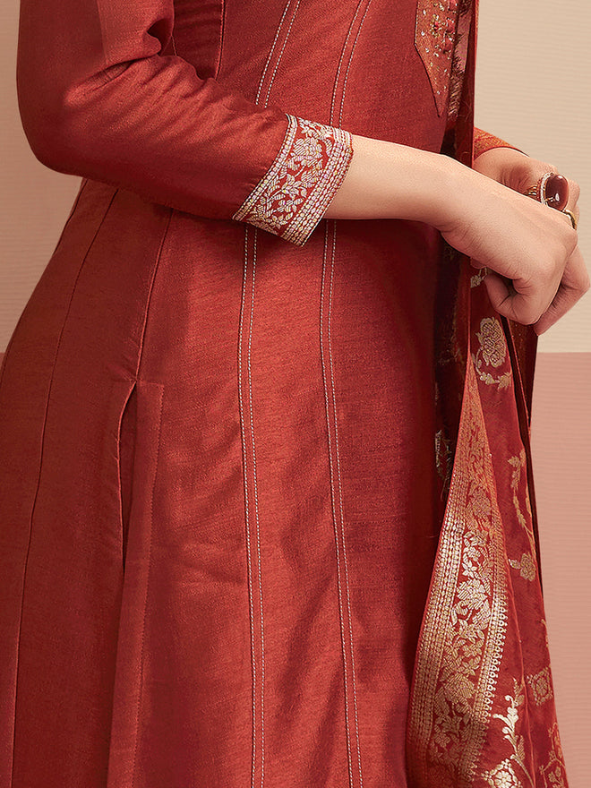 Rust Embroidered A-Line Kurta Set with Palazzo and Jacquard Dupatta