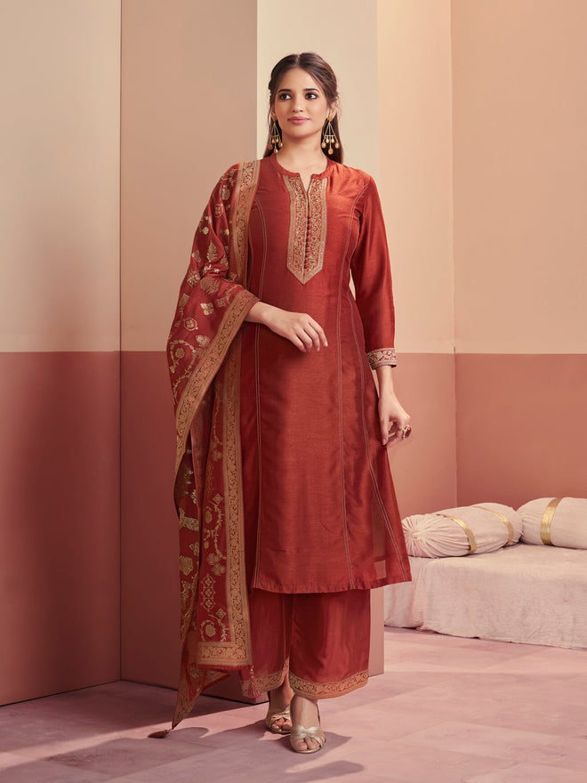 Rust Embroidered A-Line Kurta Set with Palazzo and Jacquard Dupatta
