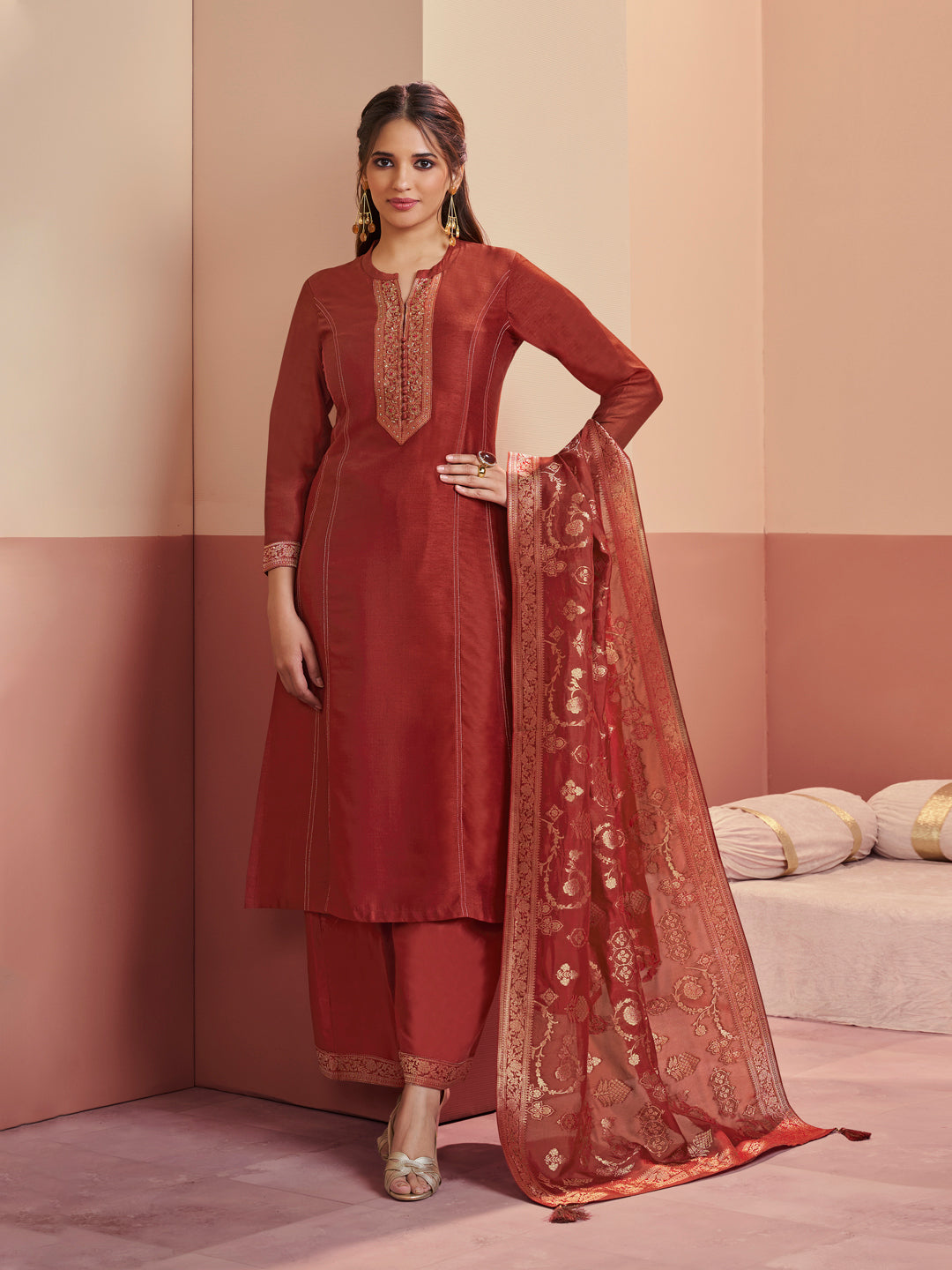 Rust Embroidered A-Line Kurta Set with Palazzo and Jacquard Dupatta