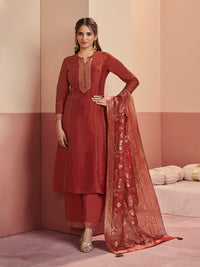 Rust Embroidered A-Line Kurta Set with Palazzo and Jacquard Dupatta