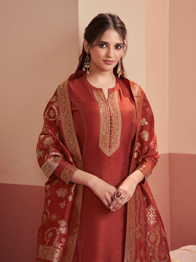 Rust Embroidered A-Line Kurta Set with Palazzo and Jacquard Dupatta