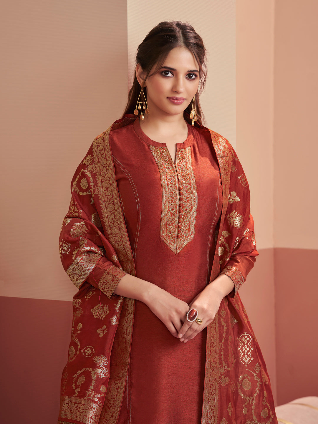 Rust Embroidered A-Line Kurta Set with Palazzo and Jacquard Dupatta