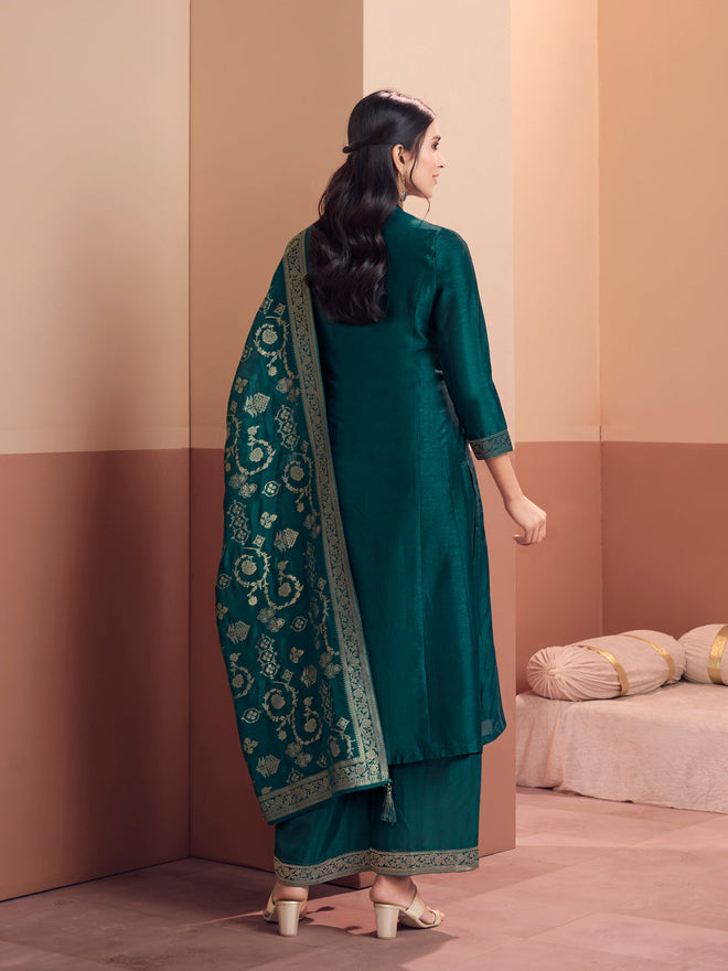 Teal Embroidered A-Line Kurta Set with Dyed Trousers and Jacquard Dupatta