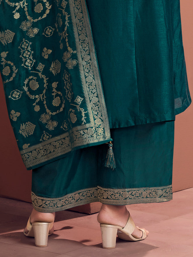 Teal Embroidered A-Line Kurta Set with Dyed Trousers and Jacquard Dupatta