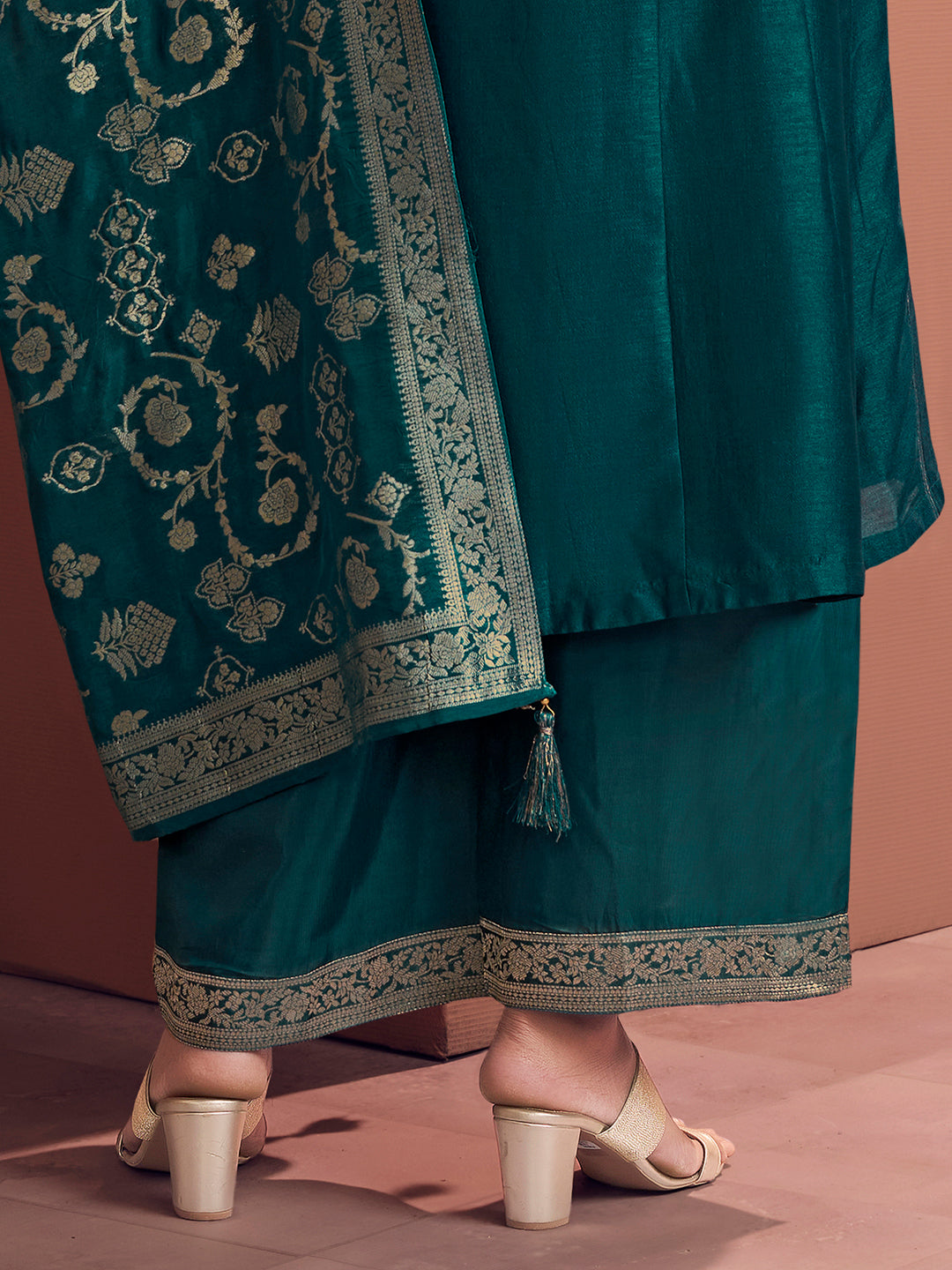 Teal Embroidered A-Line Kurta Set with Dyed Trousers and Jacquard Dupatta