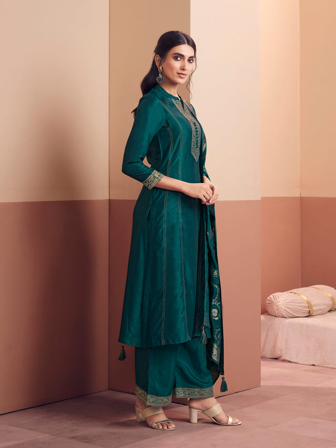 Teal Embroidered A-Line Kurta Set with Dyed Trousers and Jacquard Dupatta
