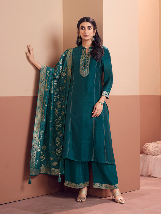 Teal Embroidered A-Line Kurta Set with Dyed Trousers and Jacquard Dupatta