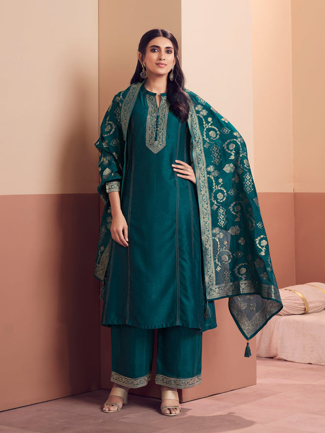 Teal Embroidered A-Line Kurta Set with Dyed Trousers and Jacquard Dupatta