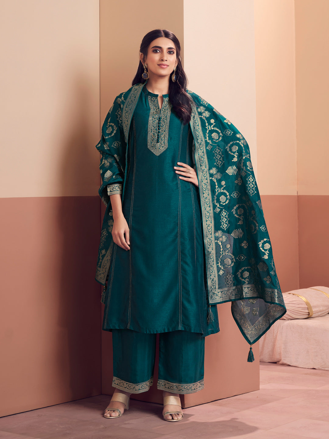 Teal Embroidered A-Line Kurta Set with Dyed Trousers and Jacquard Dupatta