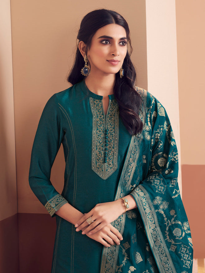 Teal Embroidered A-Line Kurta Set with Dyed Trousers and Jacquard Dupatta