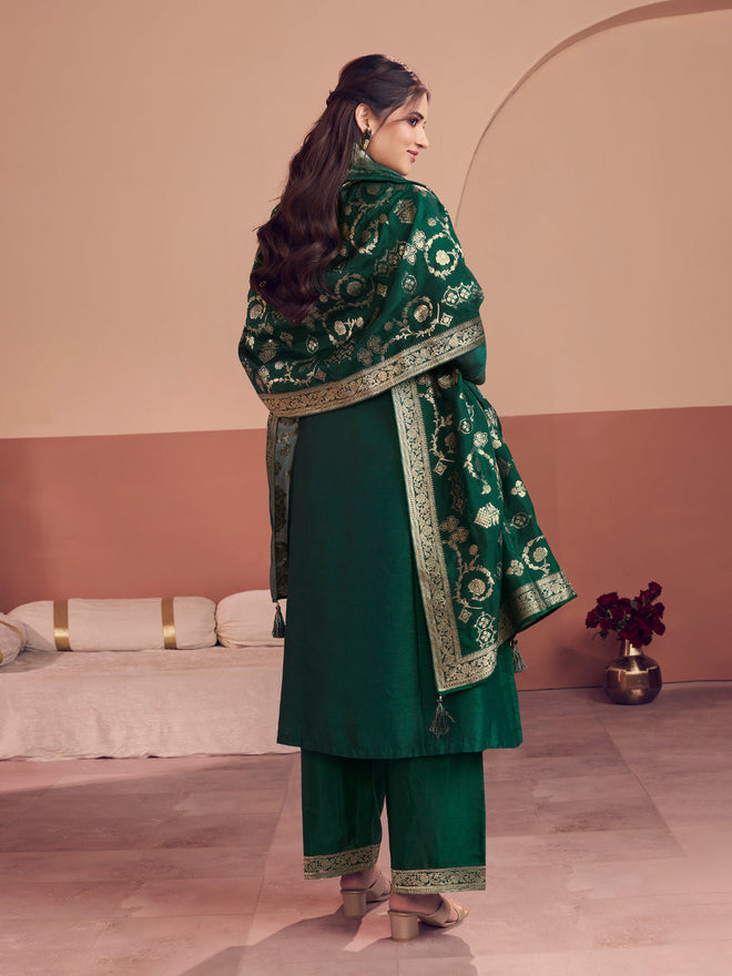 Green Embroidered A-Line Kurta Set with Palazzo and Jacquard Dupatta